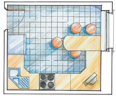 Esimerkki huonekalujen ja laitteiden järjestelystä keittiön piirustuksessa.