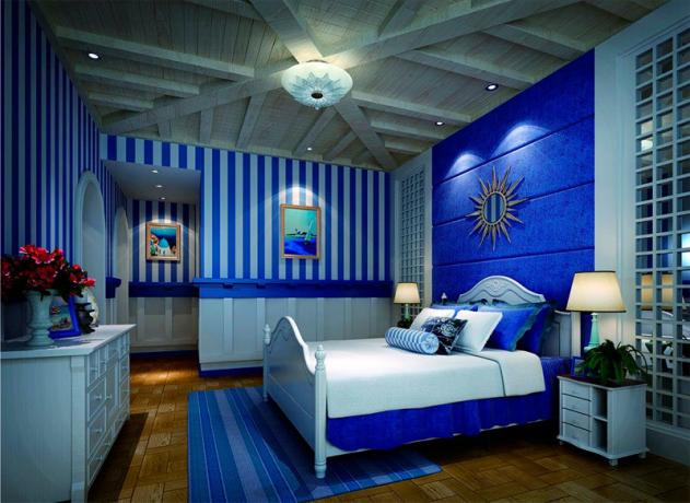 Kuva makuuhuoneesta, jossa on yksi sininen sävy koko huoneessa