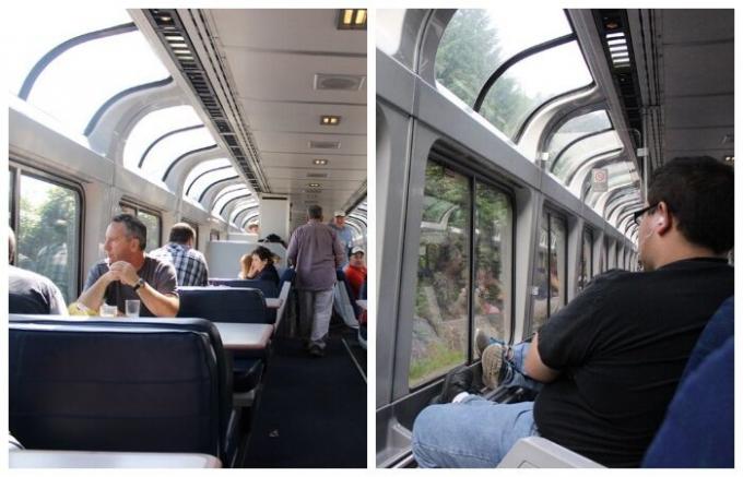 Ravintolavaunu ja erityinen retki juna on varustettu panoraamaikkunoin niin, että matkustajat voivat nauttia maisemista (USA).