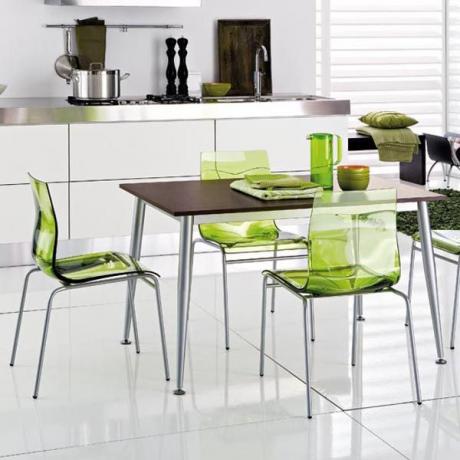 Kirkkaat yksityiskohdat sisustuksen muuttamiseksi - vihreät tuolit keittiöön, värilliset astiat 